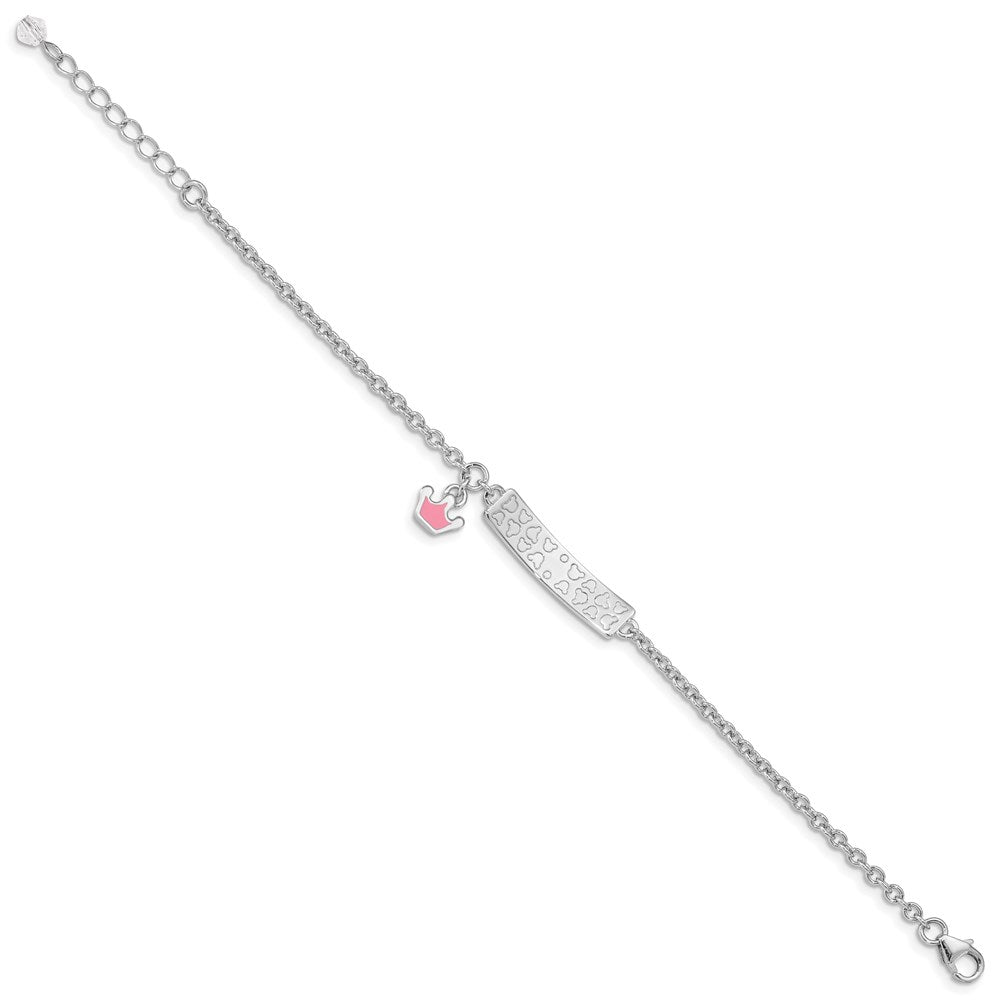 SS RH-plated Pink Enamel Crown w/ 1in Ext. Children's ID Bracelet