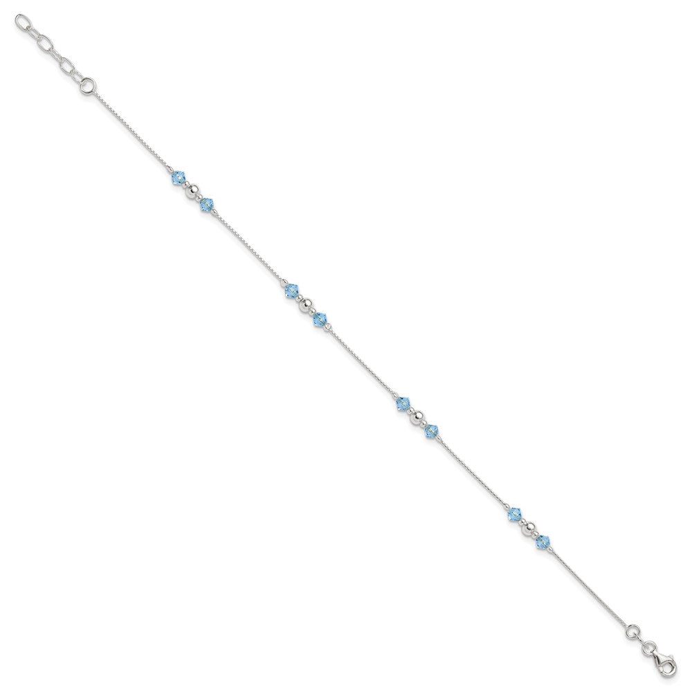 Sterling Silver Polished CZ and Bead Plus ext. Anklet