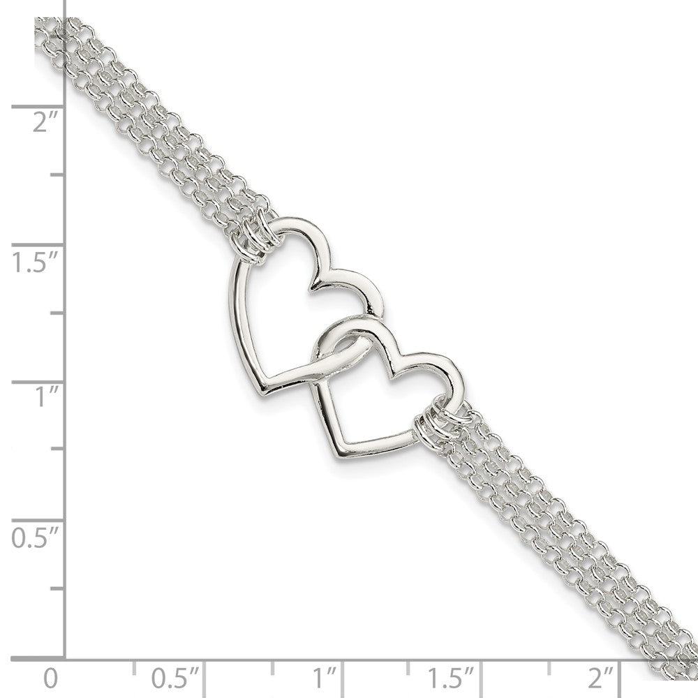 Sterling Silver Polished 3-strand w/.5in. Ext. Heart Bracelet