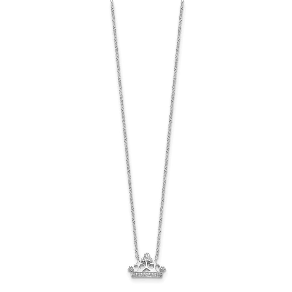 Sterling Silver RH-plated Polished & Beaded CZ Crown w/2in ext. Necklace