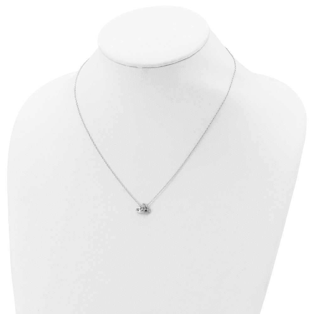 Sterling Silver RH-plated Polished & Beaded CZ Crown w/2in ext. Necklace