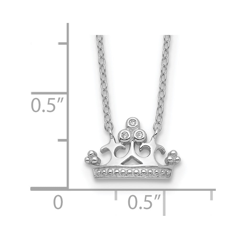Sterling Silver RH-plated Polished & Beaded CZ Crown w/2in ext. Necklace