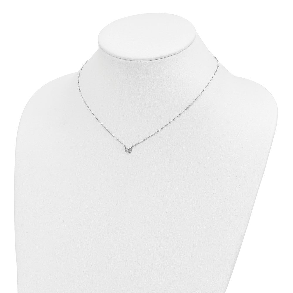 Sterling Silver RH-plated Polished CZ Butterfly 16in w/2in ext Necklace