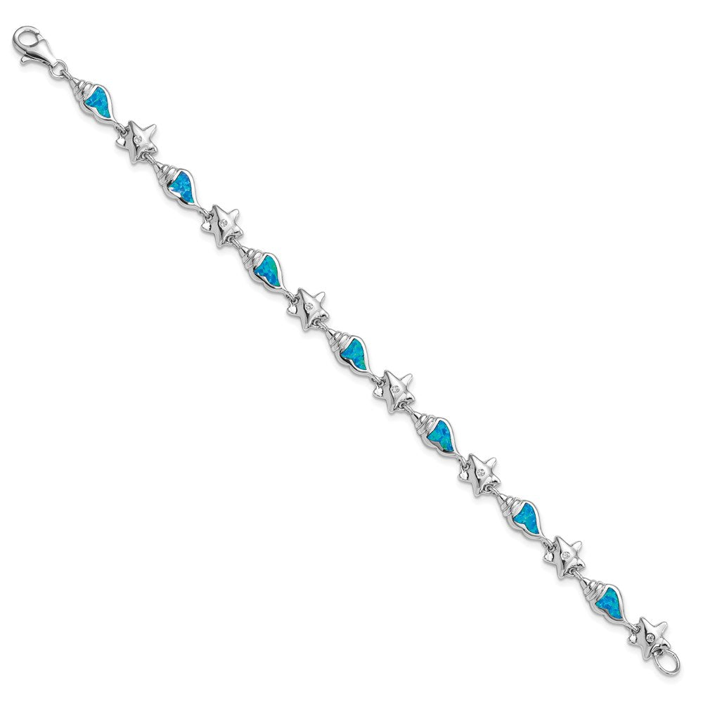 Sterling Silver Rhodium Starfish CZ/Created Opal Seashell Bracelet