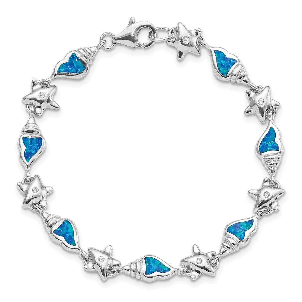 Sterling Silver Rhodium Starfish CZ/Created Opal Seashell Bracelet