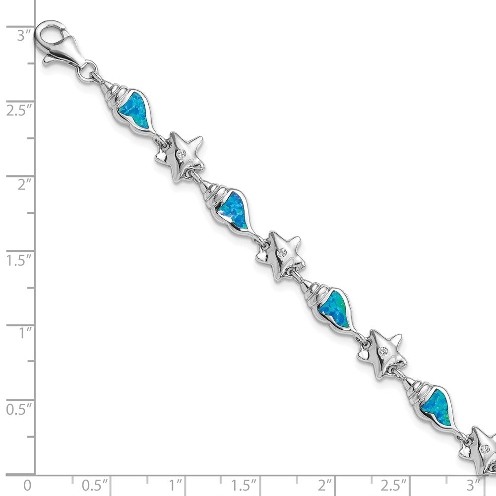 Sterling Silver Rhodium Starfish CZ/Created Opal Seashell Bracelet
