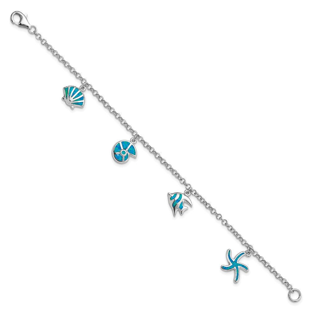 Sterling Silver Rhodium-plated Created Opal Fish and Shells Charm Bracelet