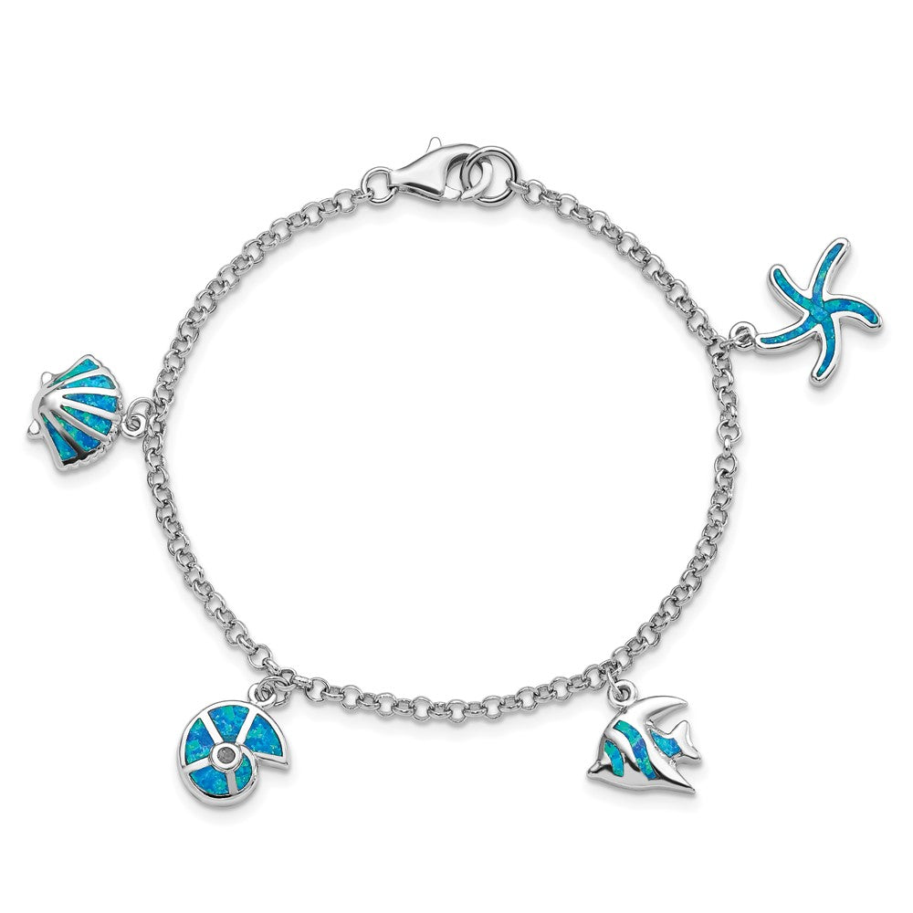 Sterling Silver Rhodium-plated Created Opal Fish and Shells Charm Bracelet
