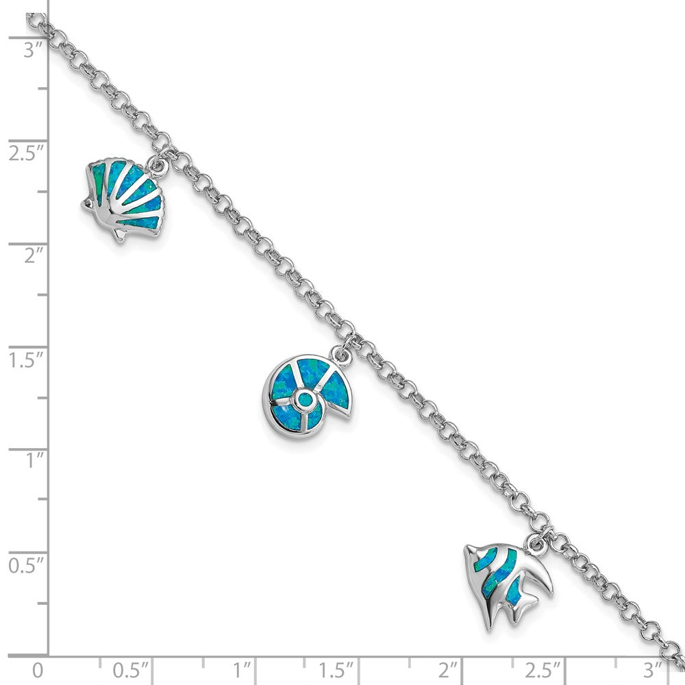 Sterling Silver Rhodium-plated Created Opal Fish and Shells Charm Bracelet