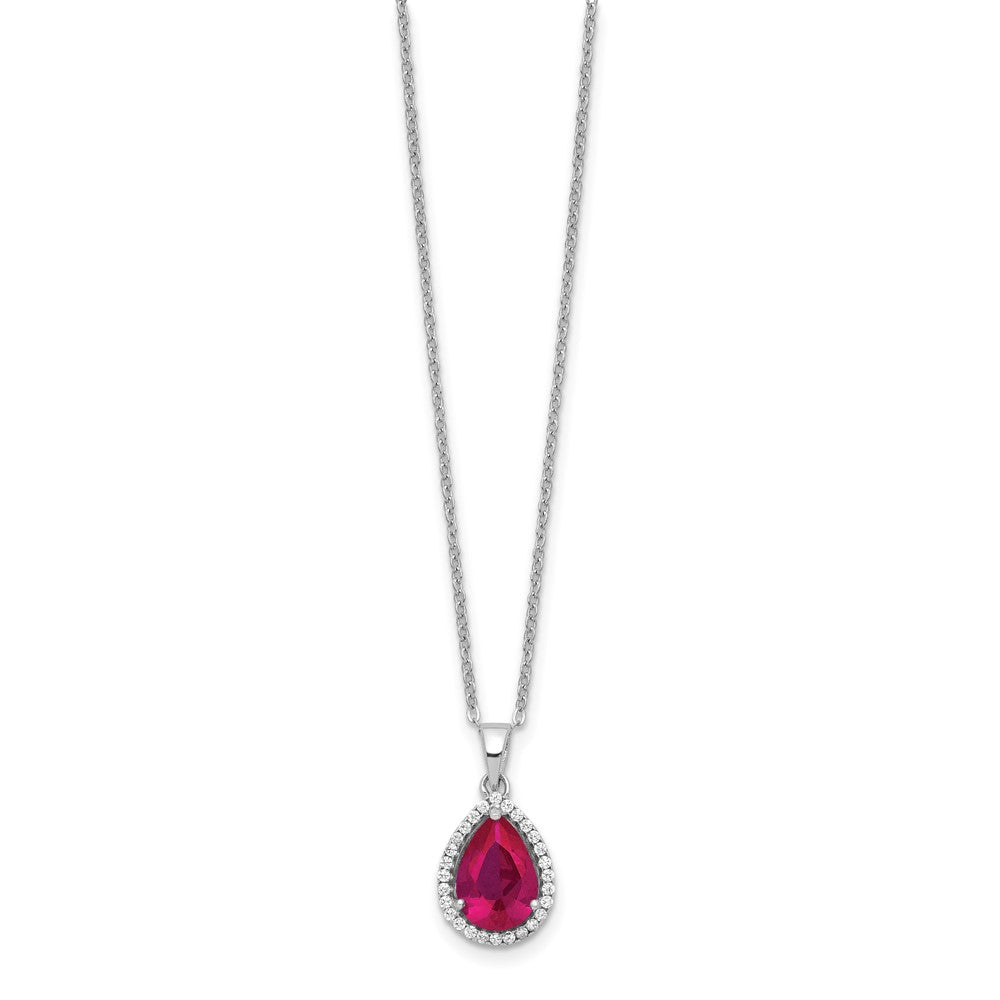 Sterling Silver Rhodium Polished Created Ruby and CZ Necklace