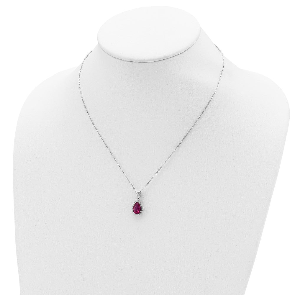 Sterling Silver Rhodium Polished Created Ruby and CZ Necklace