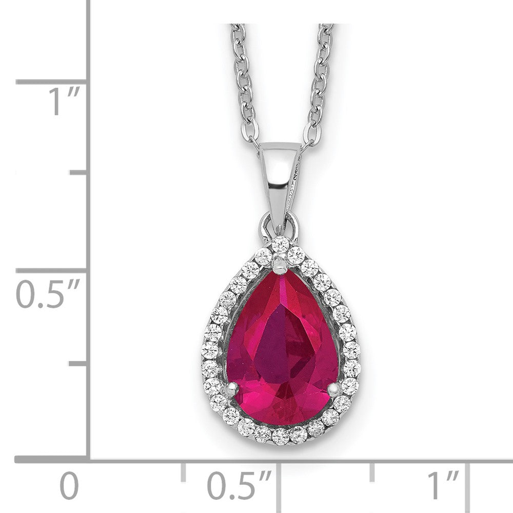 Sterling Silver Rhodium Polished Created Ruby and CZ Necklace