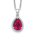 Sterling Silver Rhodium Polished Created Ruby and CZ Necklace