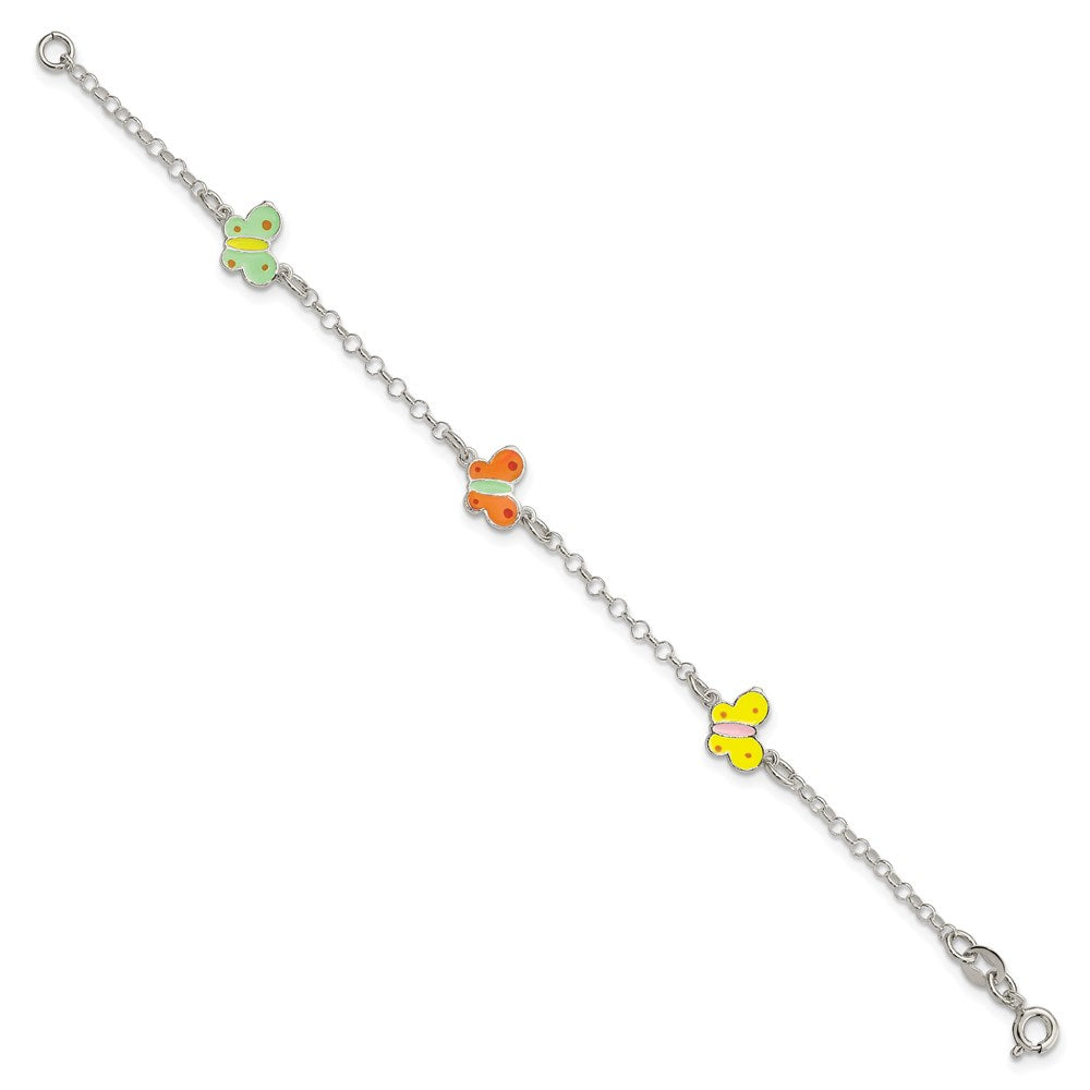 Sterling Silver Polished Multi-color Enamel Butterflies Bracelet