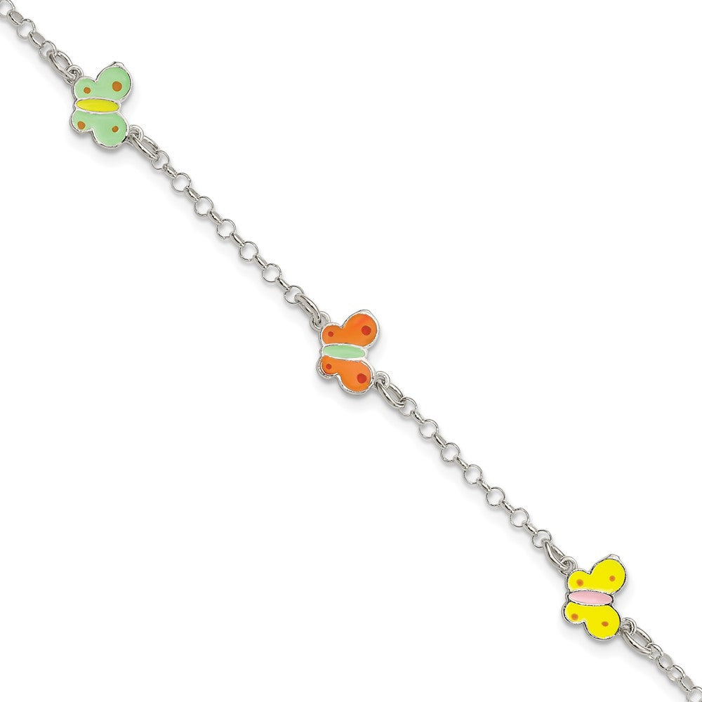 Sterling Silver Polished Multi-color Enamel Butterflies Bracelet