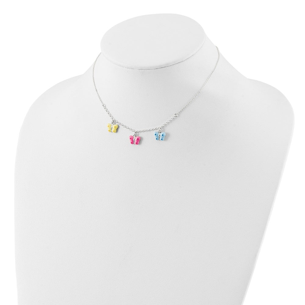 Sterling Silver Polished Enameled Three Butterfly Children's Necklace