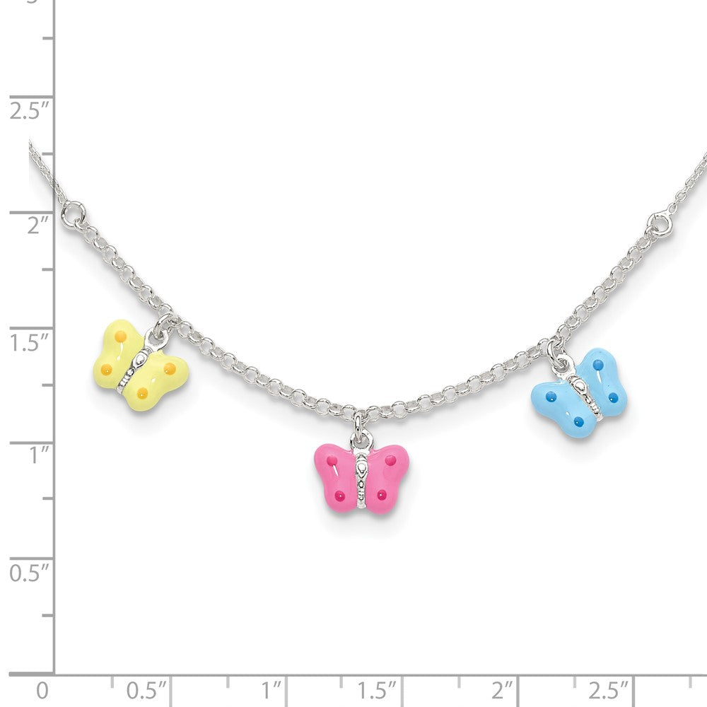 Sterling Silver Polished Enameled Three Butterfly Children's Necklace