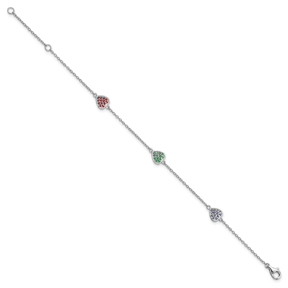 Sterling Silver RH-plt Red/Green/Blue Glass Heart 6in w/1in ext. Bracelet