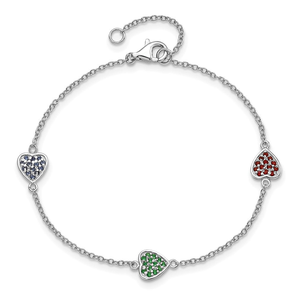 Sterling Silver RH-plt Red/Green/Blue Glass Heart 6in w/1in ext. Bracelet