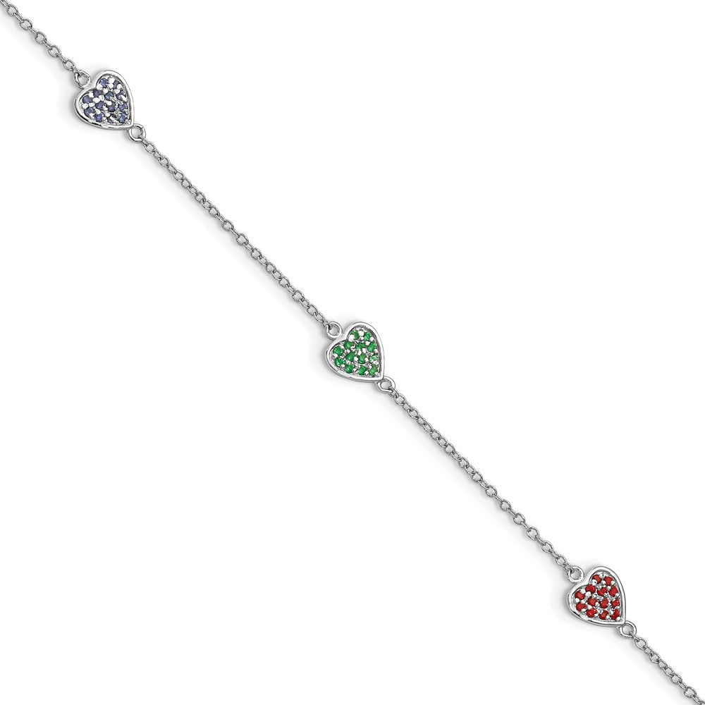 Sterling Silver RH-plt Red/Green/Blue Glass Heart 6in w/1in ext. Bracelet
