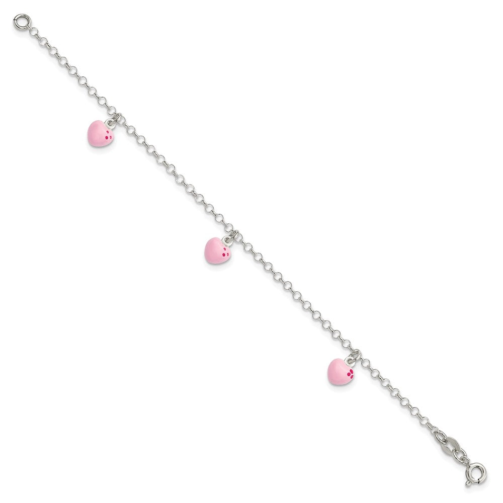 Sterling Silver Polished Pink Enameled Hearts 6 inch Bracelet