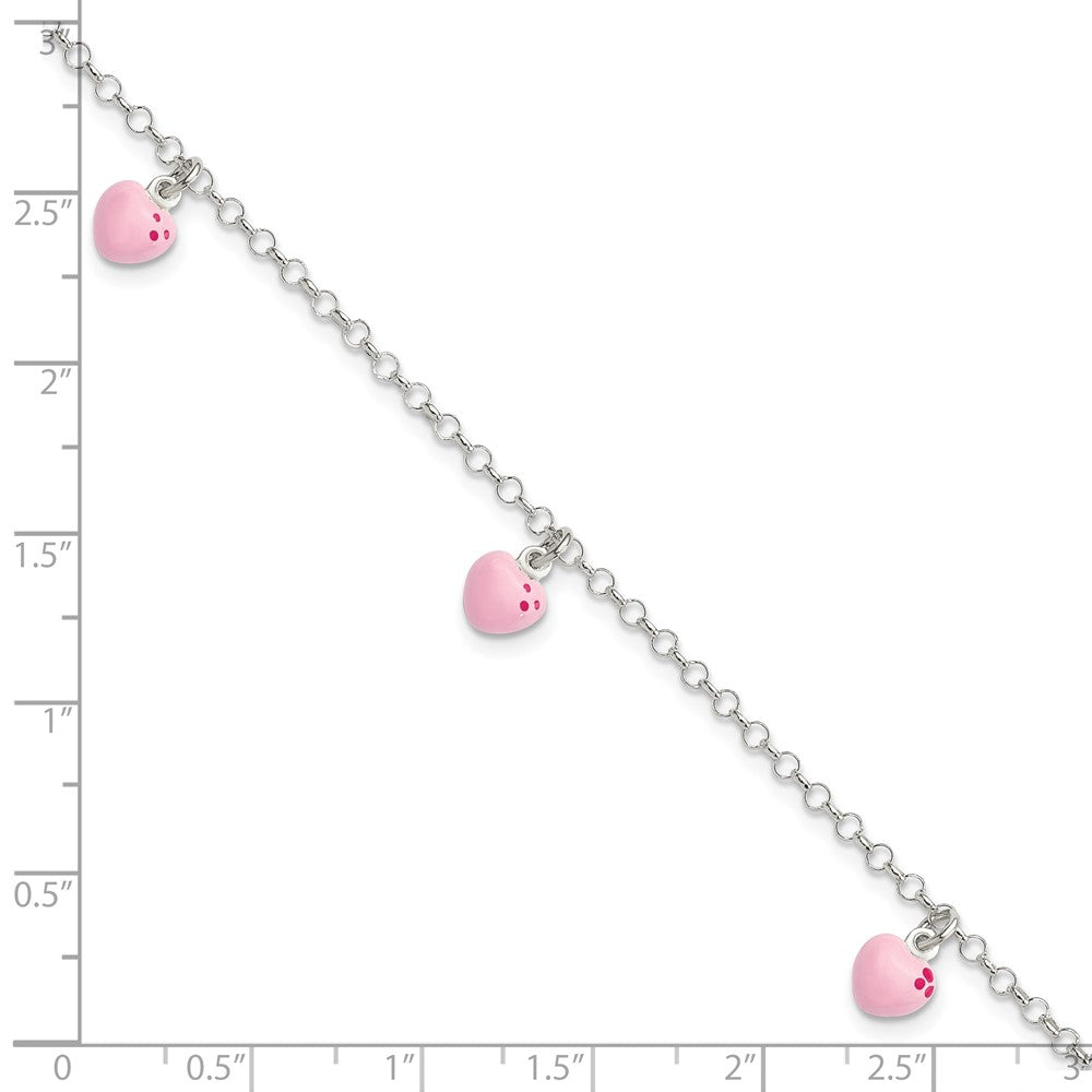 Sterling Silver Polished Pink Enameled Hearts 6 inch Bracelet