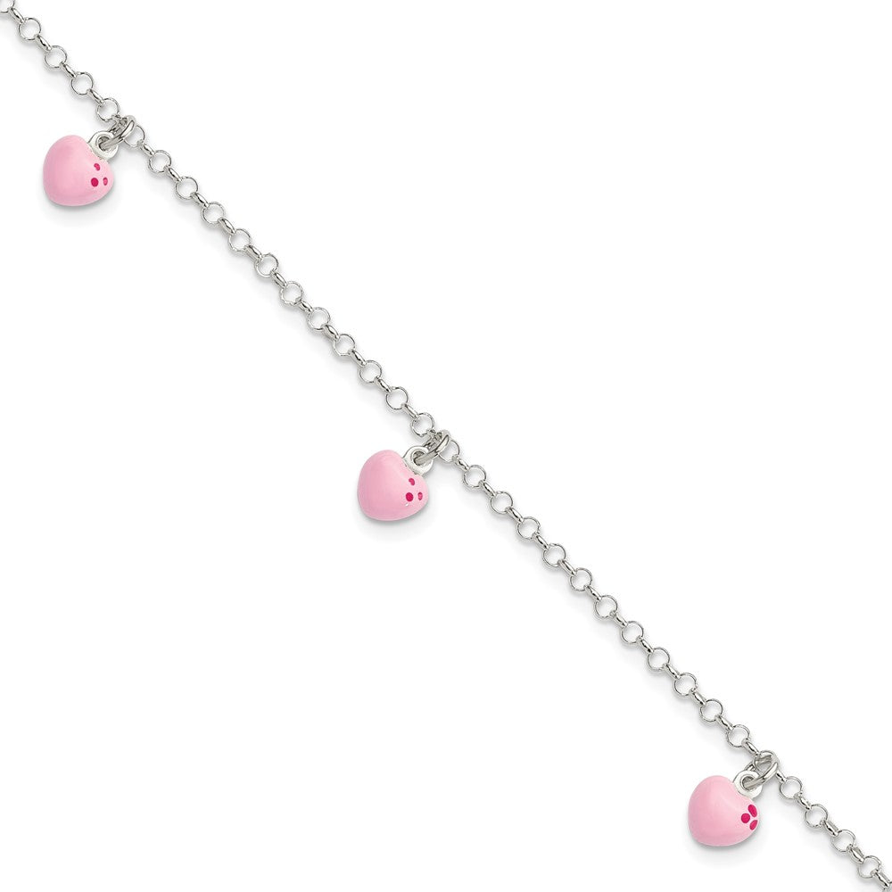 Sterling Silver Polished Pink Enameled Hearts 6 inch Bracelet