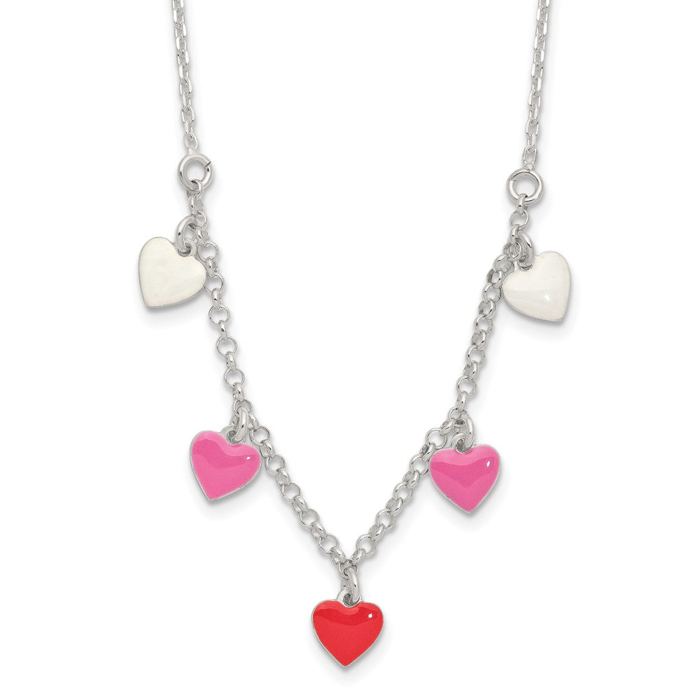 Sterling Silver Polished Pink/Red/White Enamel Heart 14 Inch Necklace