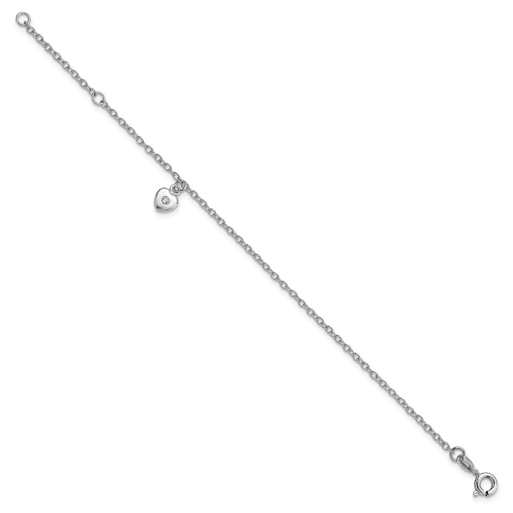 Sterling Silver RH-plated Polished CZ Heart 5.5 inch w/ 1in ext. Bracelet