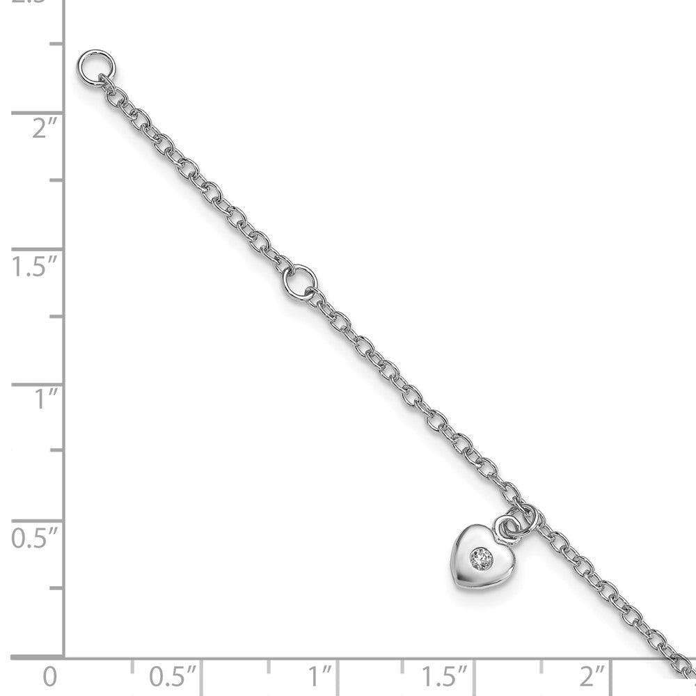 Sterling Silver RH-plated Polished CZ Heart 5.5 inch w/ 1in ext. Bracelet