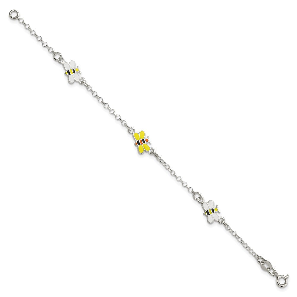 Sterling Silver Polished & Enameled Bees 5in +1in ext. Bracelet