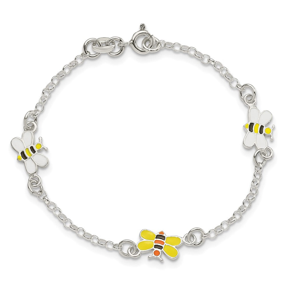 Sterling Silver Polished & Enameled Bees 5in +1in ext. Bracelet