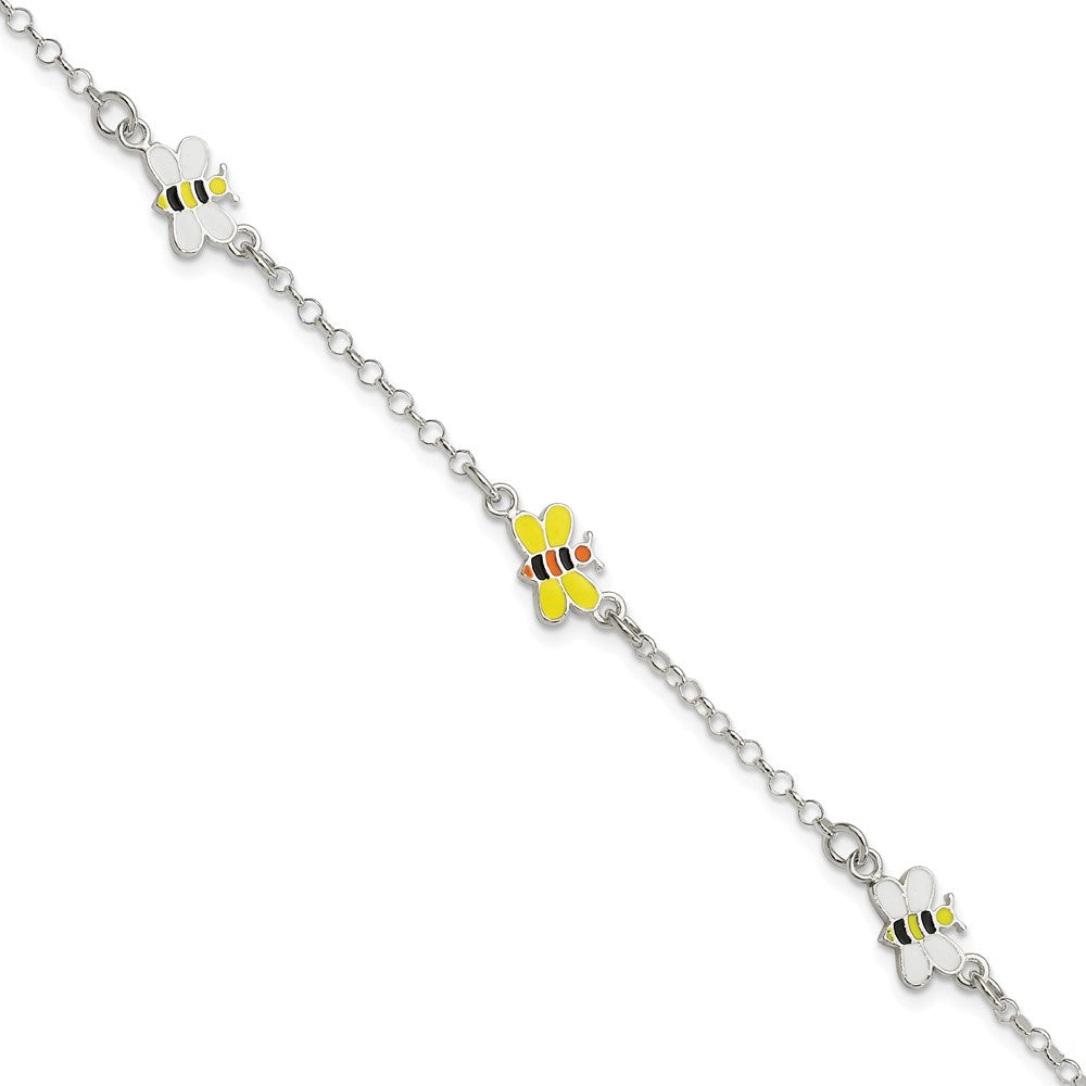 Sterling Silver Polished & Enameled Bees 5in +1in ext. Bracelet