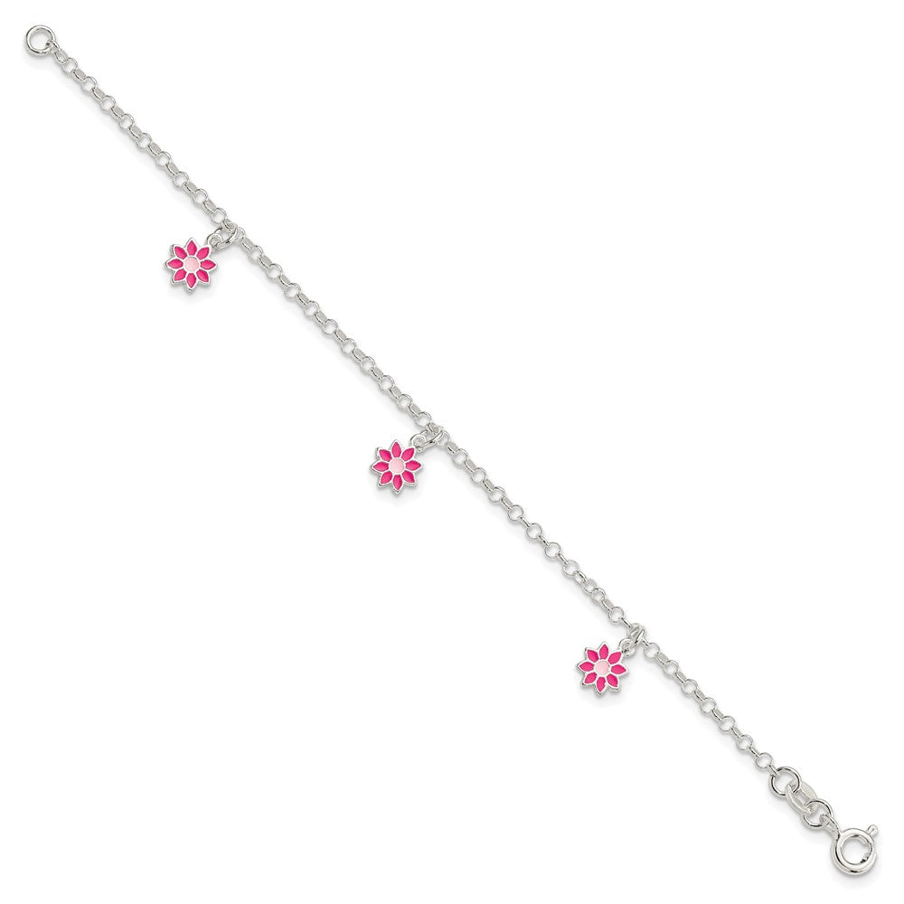 Sterling Silver Polished Pink Enameled Dangle Flowers Bracelet