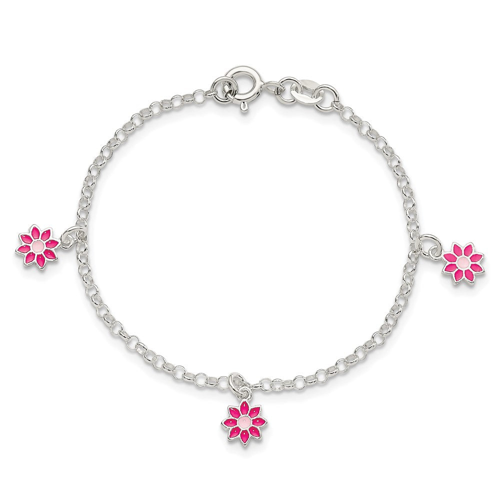 Sterling Silver Polished Pink Enameled Dangle Flowers Bracelet