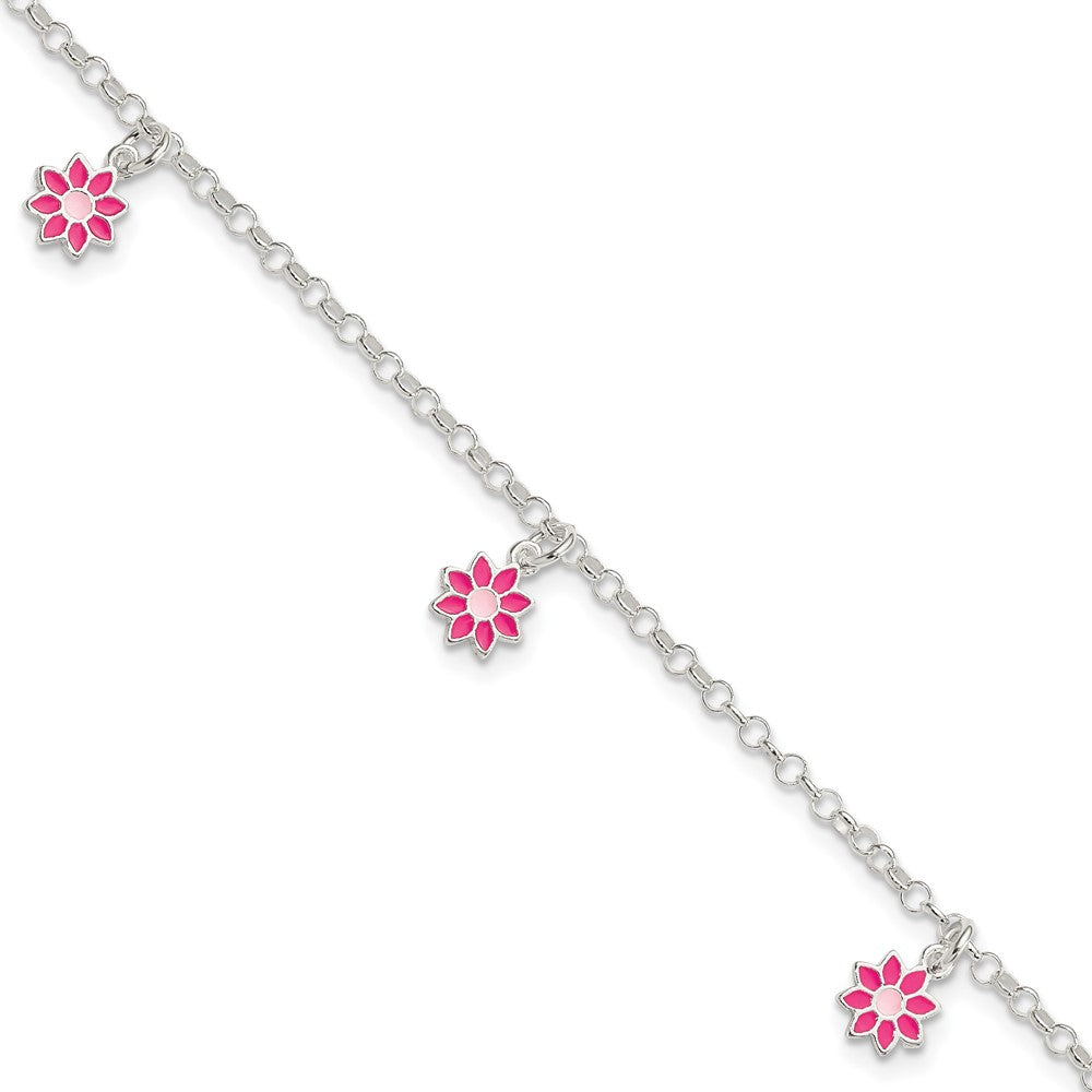 Sterling Silver Polished Pink Enameled Dangle Flowers Bracelet