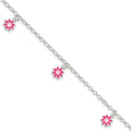 Sterling Silver Polished Pink Enameled Dangle Flowers Bracelet