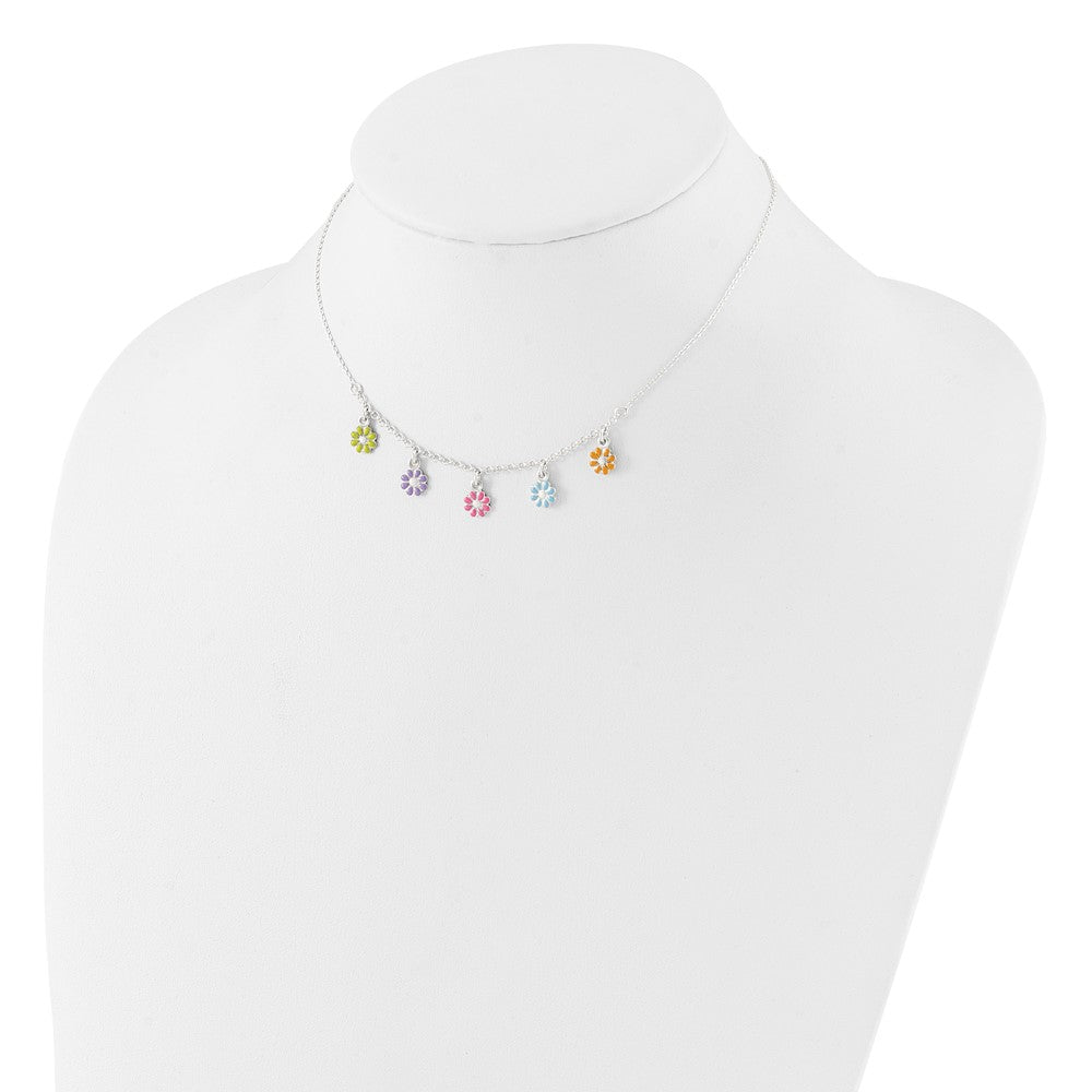 Sterling Silver Polished Multi-color Enameled Flowers 14in Necklace