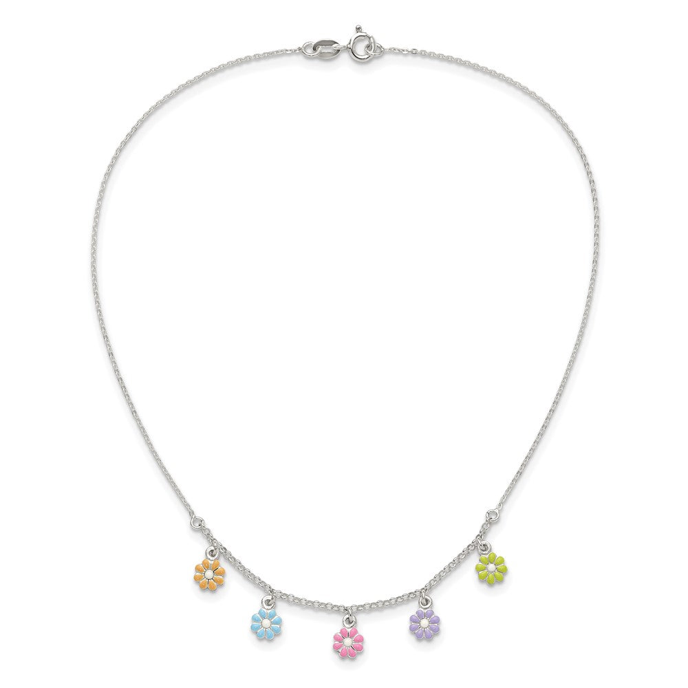 Sterling Silver Polished Multi-color Enameled Flowers 14in Necklace