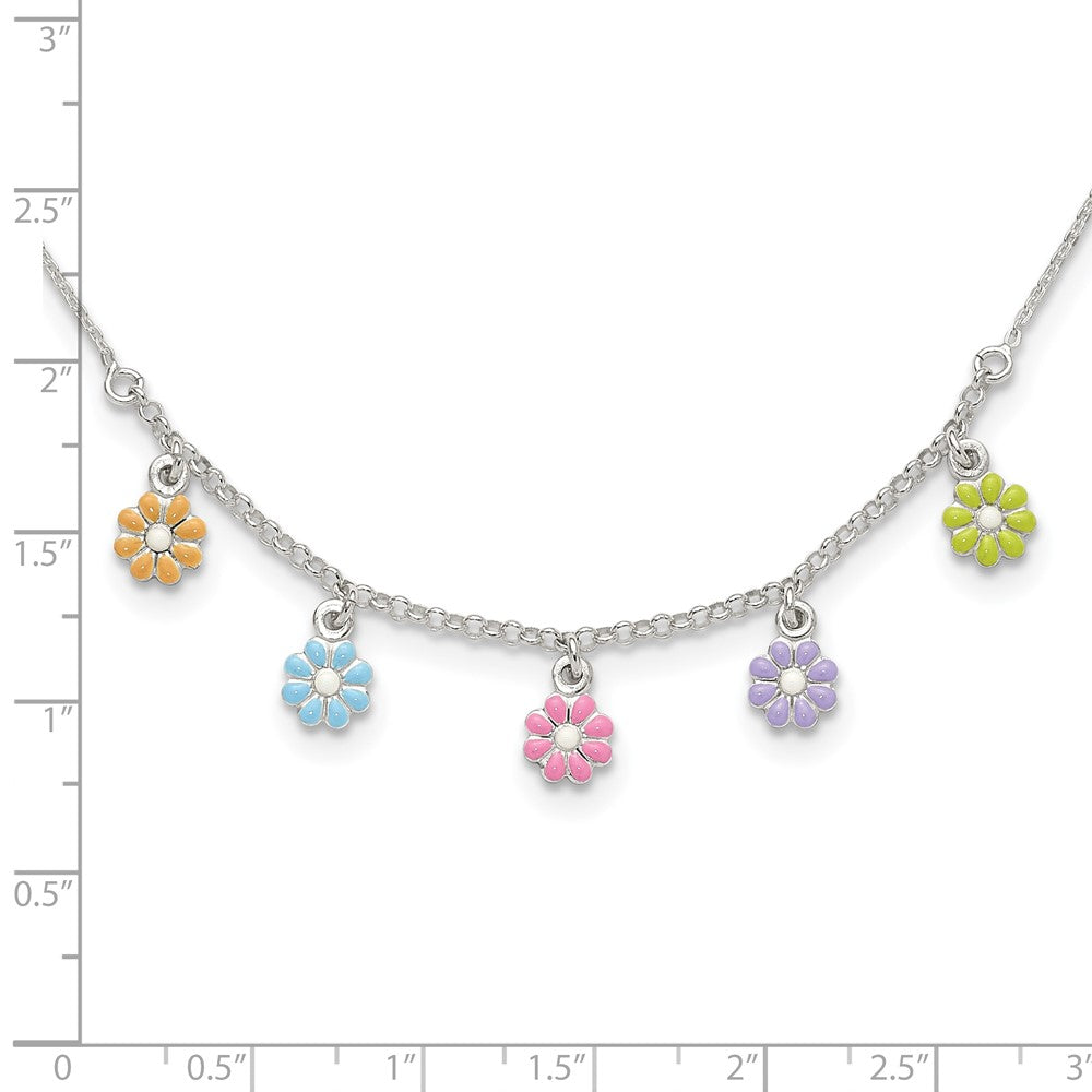 Sterling Silver Polished Multi-color Enameled Flowers 14in Necklace
