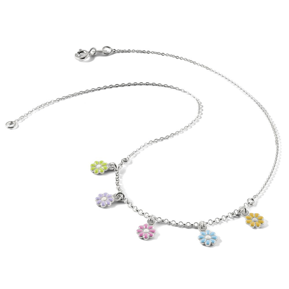Sterling Silver Polished Multi-color Enameled Flowers 14in Necklace