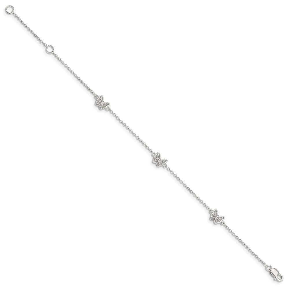 Sterling Silver RH-pltd Polished CZ Butterfly w/1in ext. Children's Bracele