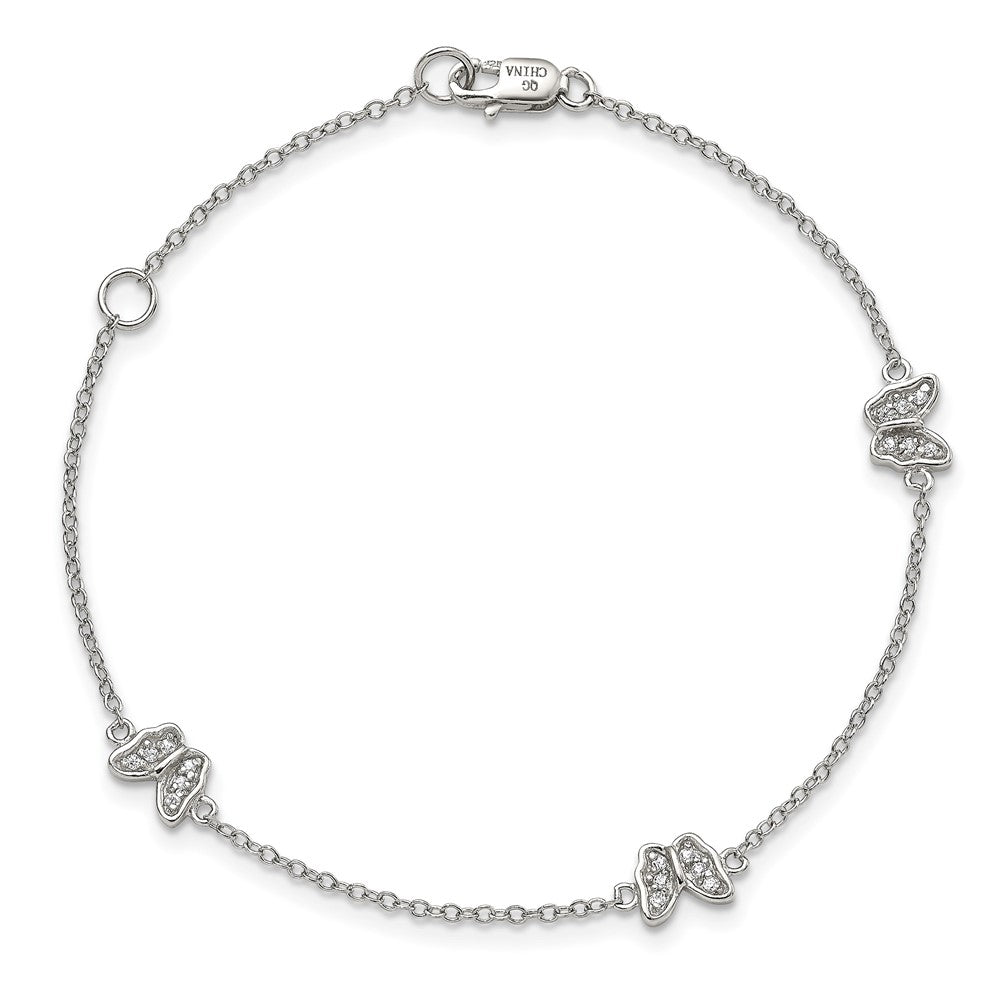 Sterling Silver RH-pltd Polished CZ Butterfly w/1in ext. Children's Bracele