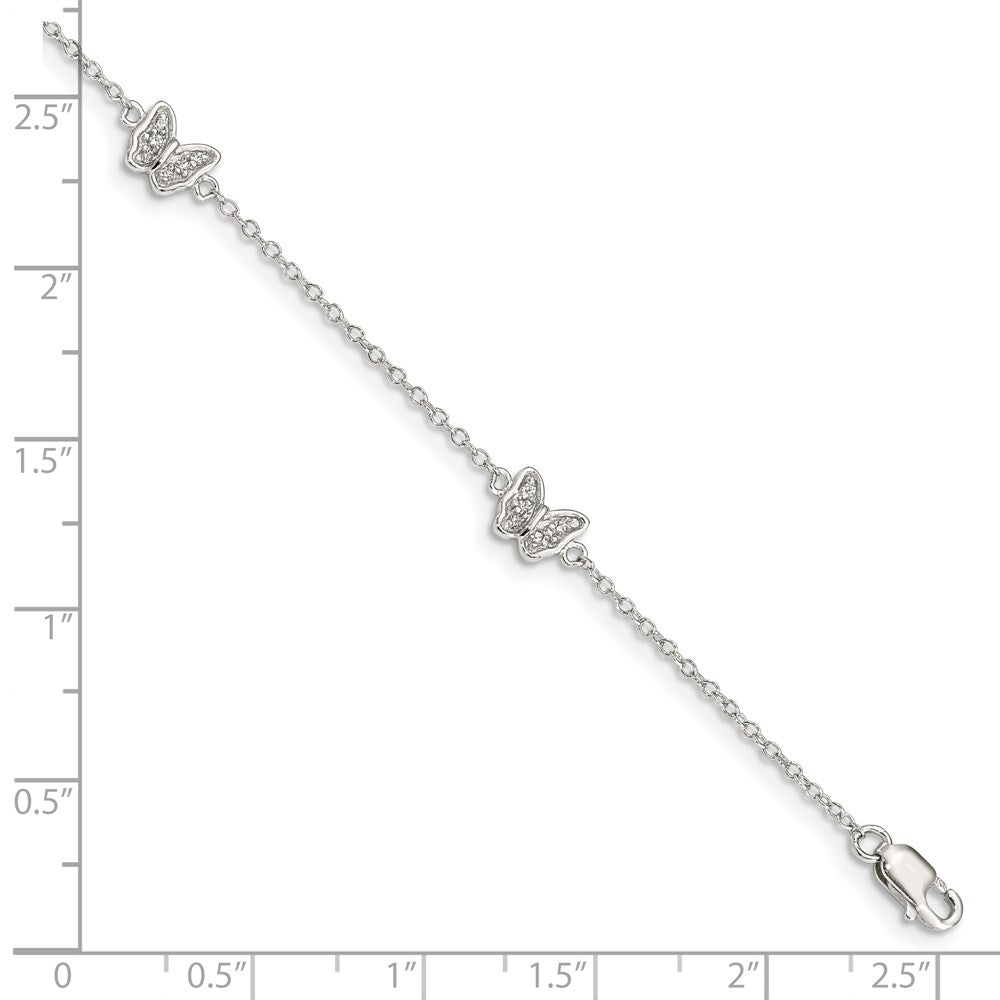 Sterling Silver RH-pltd Polished CZ Butterfly w/1in ext. Children's Bracele
