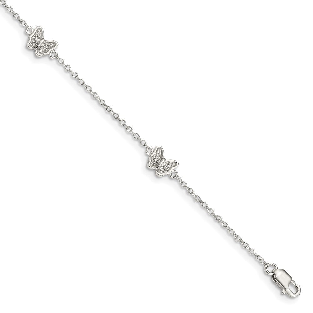 Sterling Silver RH-pltd Polished CZ Butterfly w/1in ext. Children's Bracele