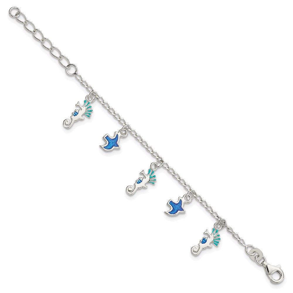 Sterling Silver Enameled Seahorse & Birds w/ 1in ext. Bracelet