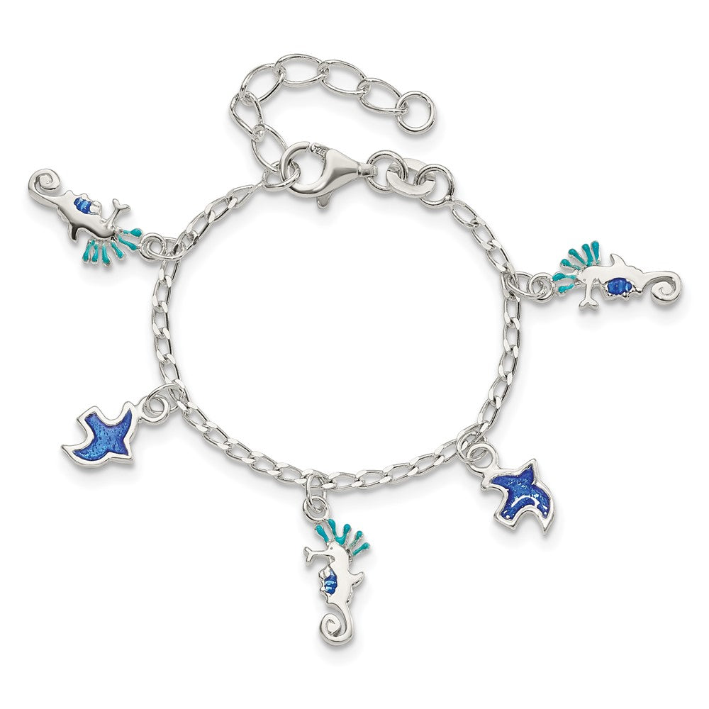 Sterling Silver Enameled Seahorse & Birds w/ 1in ext. Bracelet