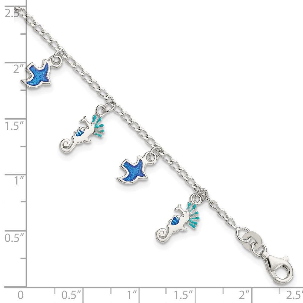 Sterling Silver Enameled Seahorse & Birds w/ 1in ext. Bracelet