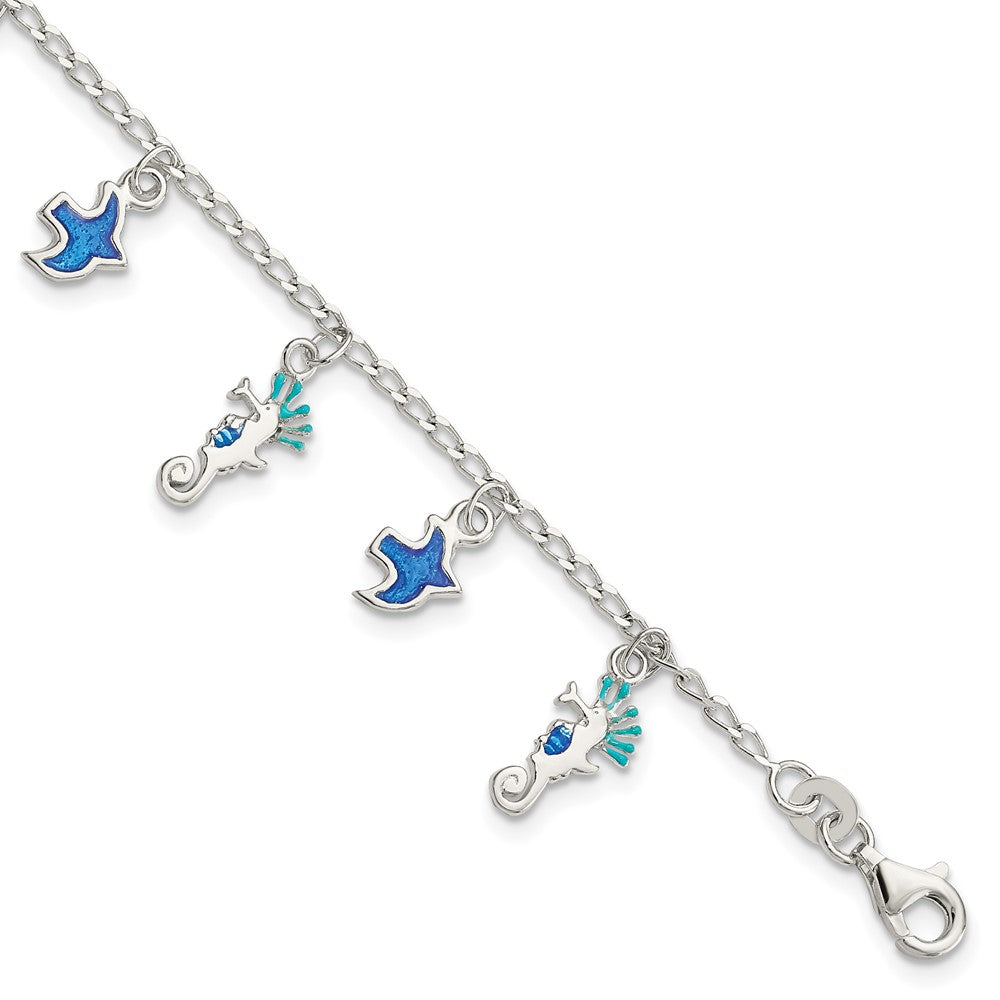 Sterling Silver Enameled Seahorse & Birds w/ 1in ext. Bracelet