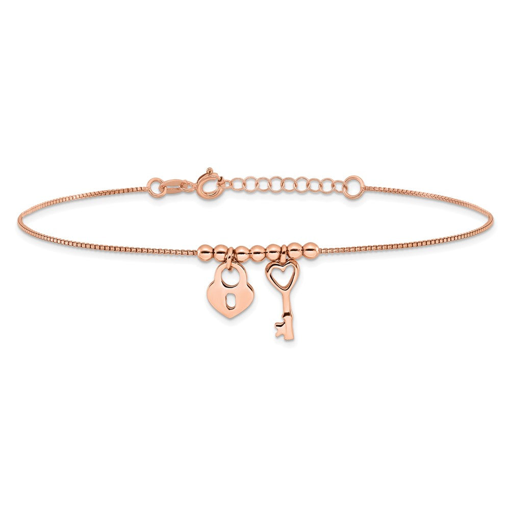 Sterling Silver Rose-tone Polished Heart Lock with 1in ext Anklet